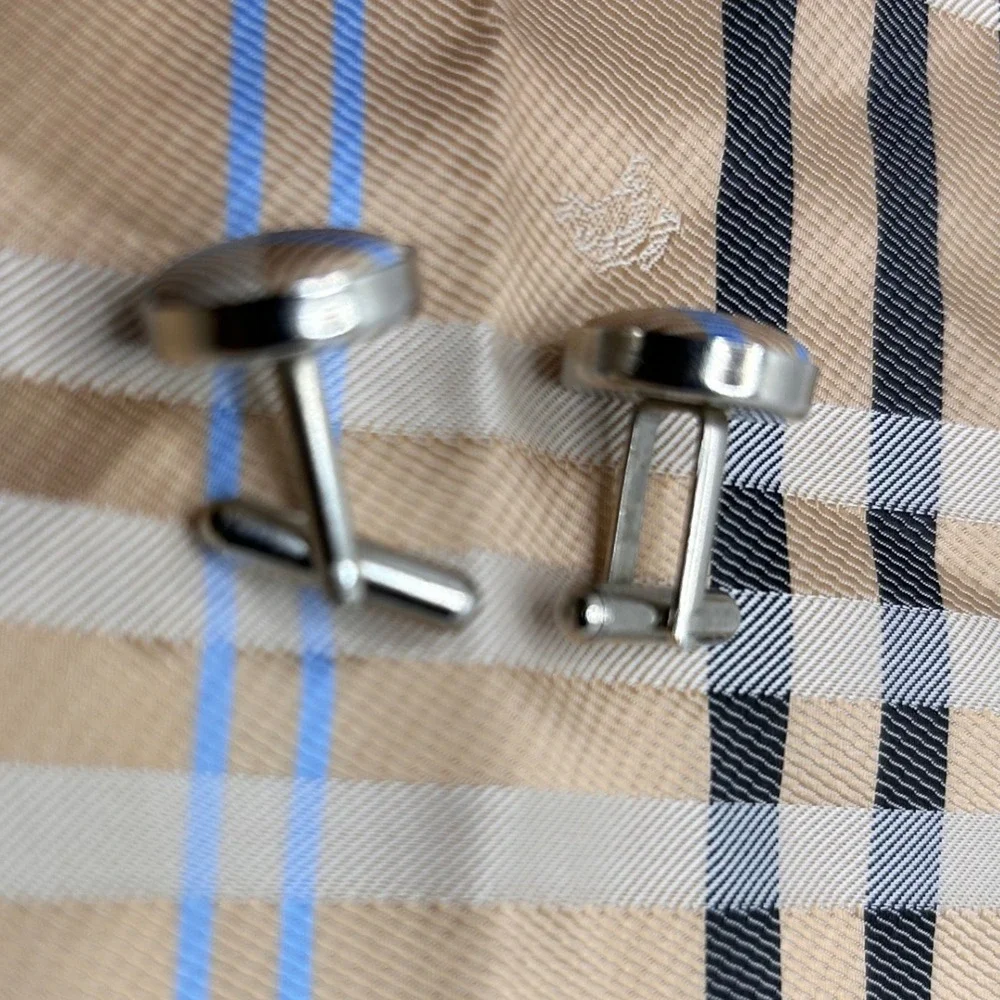 Mens Silvertone‎ Cuff links Tan Blue Striped Fabric